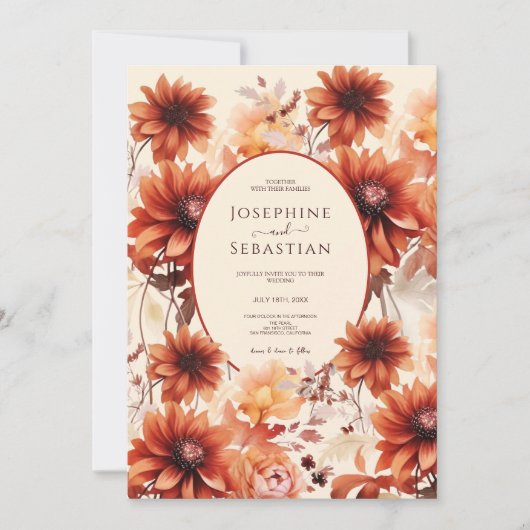 水彩焦げオレンジ秋フローラボホ結婚ズ 招待状 (正面)