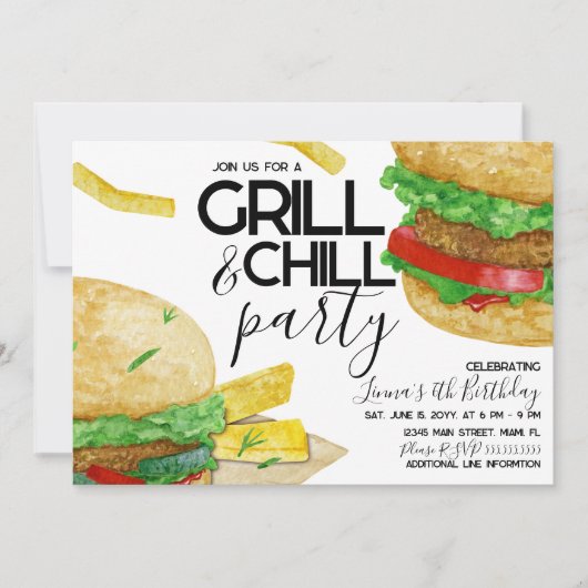 水彩焼きバーガーフライスバースデーパーティー 招待状 (正面)