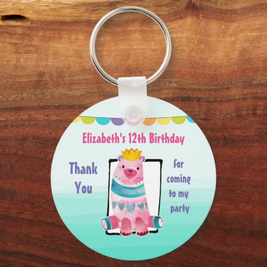 水彩熊が冠をかぶる誕生日 感謝してい キーホルダー (正面)