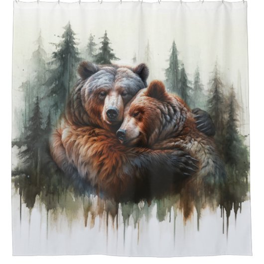 水彩熊と木々の荒野素朴 シャワーカーテン (正面)