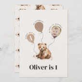 水彩熊の写真1歳の誕生日モダン 招待状 (正面/裏面)