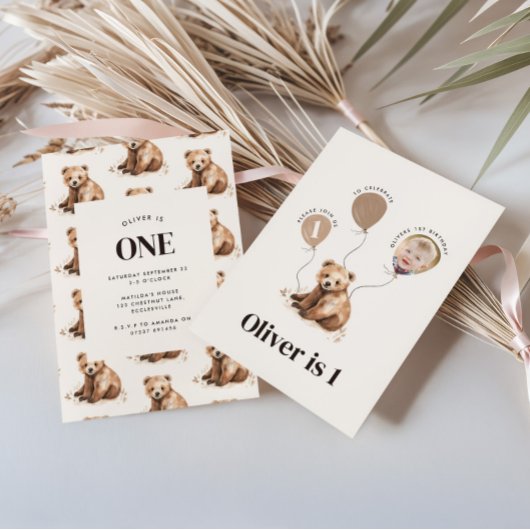 水彩熊の写真1歳の誕生日モダン 招待状