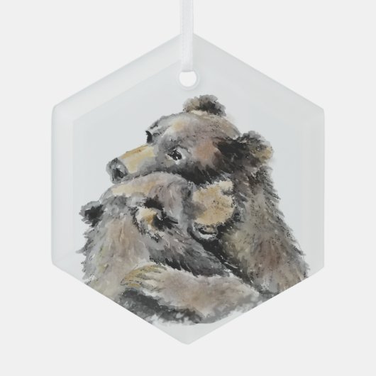 水彩熊ハグ動物野生動物アート ガラスオーナメント (正面)