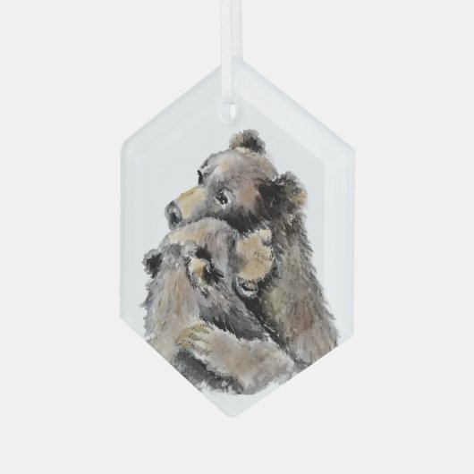 水彩熊ハグ動物野生動物アート ガラスオーナメント (正面左)