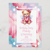 水彩熊ハートパターン誕生日パーティー 招待状 (正面/裏面)