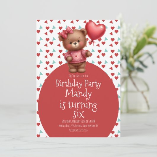 水彩熊ハート模様風船誕生日 招待状 (スタンド正面)