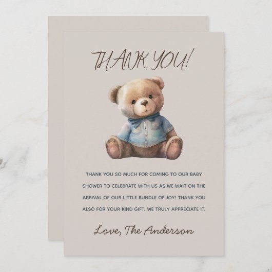 水彩熊素朴赤ちゃんシャワーサンキューカード サンキューカード (正面/裏面)