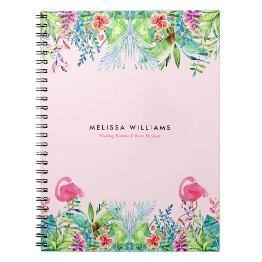 水彩熱帯の花とピンクのフラミンゴ ノートブック (正面)