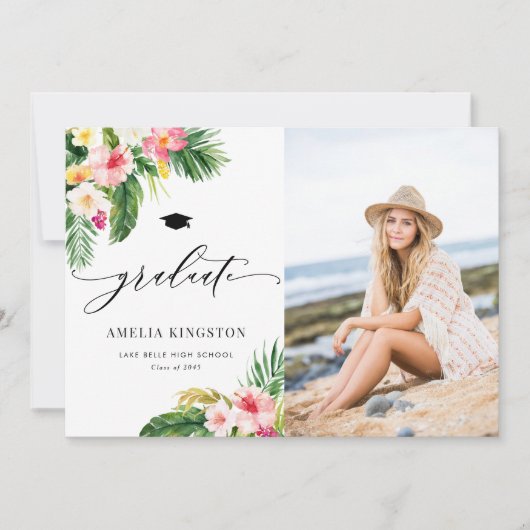水彩熱帯の花写真卒業 案内状 (正面)