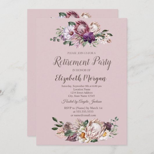 水彩熱帯の花、ピンクの定年 招待状 (正面/裏面)