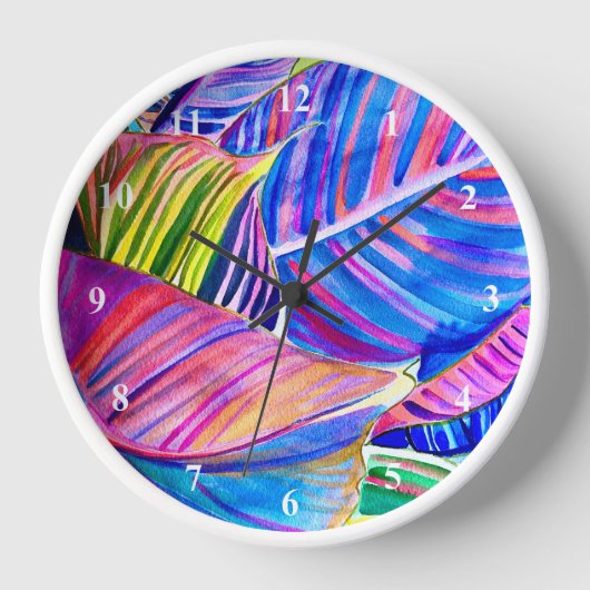 水彩熱帯カンナ葉 壁時計 (正面)