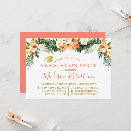 水彩熱帯サンゴフローラ金ゴールドグラードパーティー 招待状 (正面/裏面インサイチュ)
