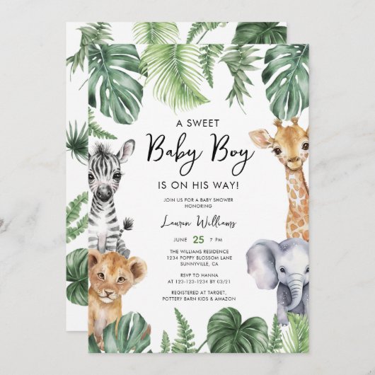 水彩熱帯ジャングルサファリボーイ赤ちゃんシャワー 招待状 (正面/裏面)
