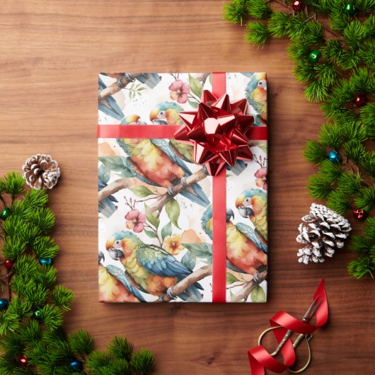 水彩熱帯テーマオウム鳥カップル ラッピングペーパー (クリスマスギフト)