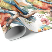 水彩熱帯テーマオウム鳥カップル ラッピングペーパー (ロールコーナー)