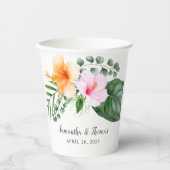 水彩熱帯ハイビスカスと葉 紙コップ (正面)