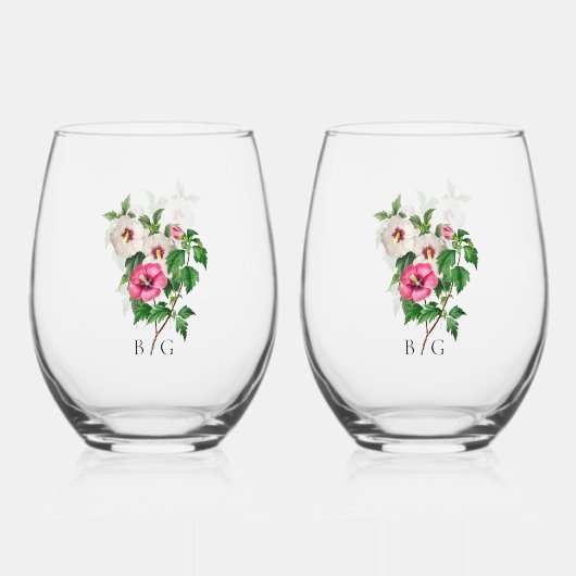 水彩熱帯ハイビスカスサマー結婚式の引き出物 ステムなしワイングラス (裏面)