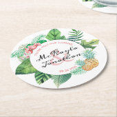 水彩熱帯パイナップルオーキッド結婚式の引き出物 ラウンドペーパーコースター (アングル)