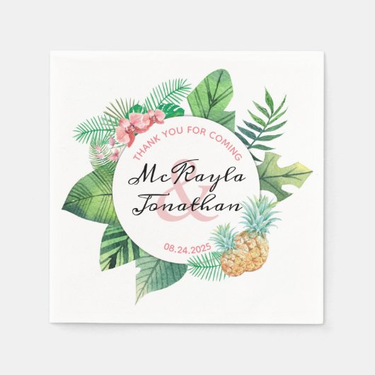 水彩熱帯パイナップル結婚ランの葉 スタンダードカクテルナプキン (正面)