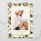 水彩熱帯パターン写真卒業 箔招待状 (正面)