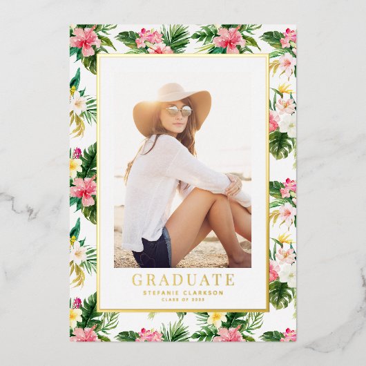 水彩熱帯パターン写真卒業 箔招待状 (正面)