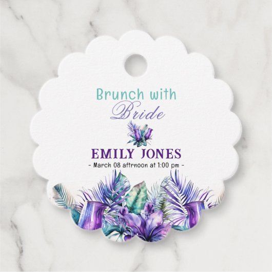 水彩熱帯パープルフローラブライダルブランチ フェイバータグ (正面)