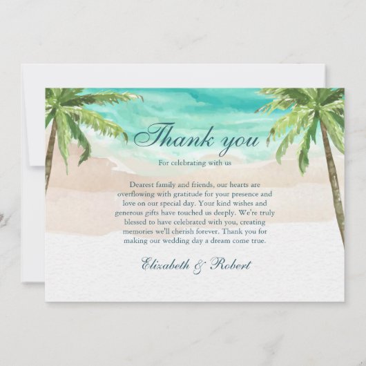 水彩熱帯ビーチとヤシ結婚の木 サンキューカード (裏面)
