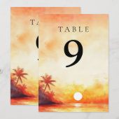 水彩熱帯ビーチサンセットテーブル番号 招待状 (正面/裏面)