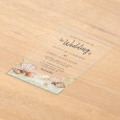 水彩熱帯ビーチシーシェル結婚ズ アクリル招待状 (レイダウン)