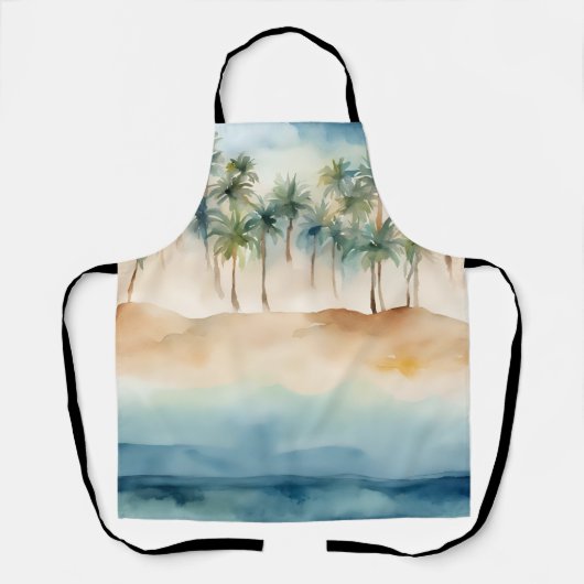 水彩熱帯ビーチシーン ヤシの木 砂浜 海 エプロン (正面)