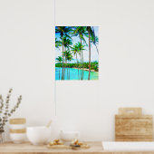水彩熱帯ビーチパームツリーズ海 ポスター (キッチン)