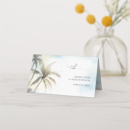 水彩熱帯ビーチヤシ結婚の木 プレイスカード (裏面)