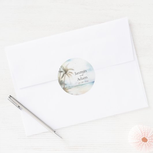 水彩熱帯ビーチヤシ結婚の木 ラウンドシール (封筒)