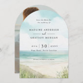 水彩熱帯ビーチ写真保存日 招待状 (正面/裏面)