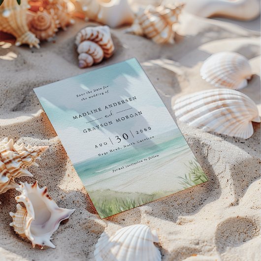 水彩熱帯ビーチ写真保存日 招待状