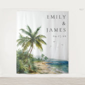 水彩熱帯ビーチ結婚式写真の背景 タペストリー (正面)