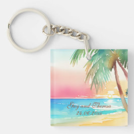 水彩熱帯ビーチ結婚式 キーホルダー