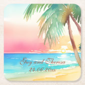 水彩熱帯ビーチ結婚式 スクエアペーパーコースター (正面)
