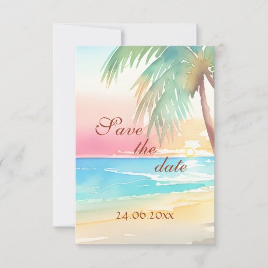 水彩熱帯ビーチ結婚式 セーブザデート (正面)