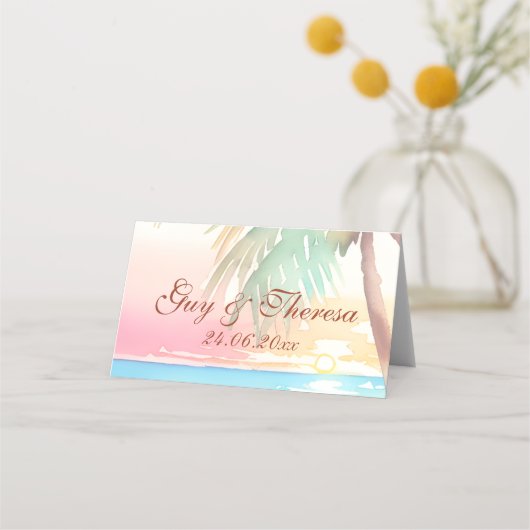 水彩熱帯ビーチ結婚式 プレイスカード (正面)