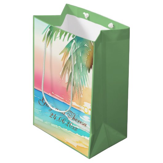 水彩熱帯ビーチ結婚式 ミディアムペーパーバッグ (正面アングル)