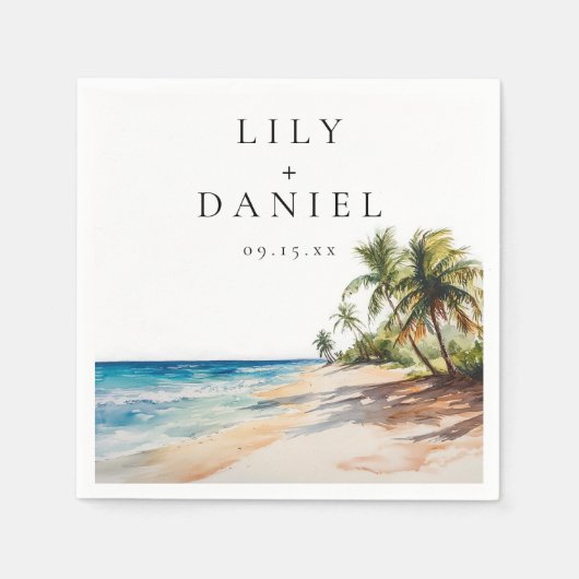 水彩熱帯ビーチ行先結婚式 スタンダードカクテルナプキン (正面)