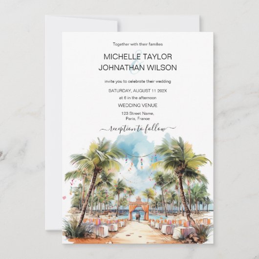 水彩熱帯ビーチ行先結婚式 招待状 (正面)