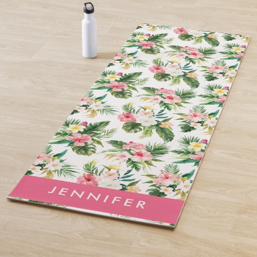 水彩熱帯ピンクのハイビスカスフローラルパターン ヨガマット (インサイチュ)