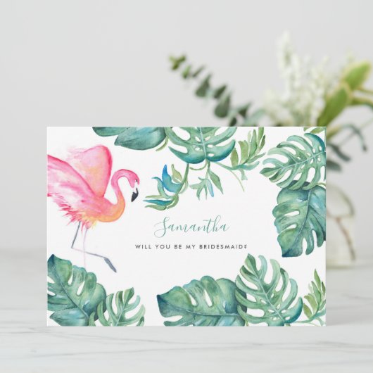 水彩熱帯ピンクのフラミンゴの花嫁カード シーズンカード (スタンド正面)