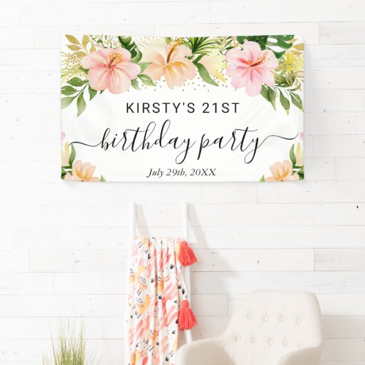 水彩熱帯ピンクの花の誕生日パーティー 横断幕 (インサイチュ)