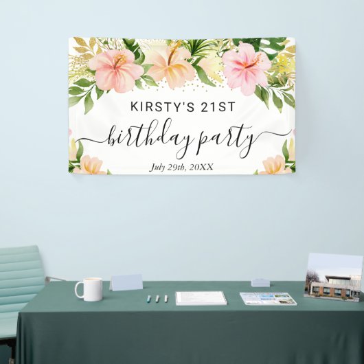 水彩熱帯ピンクの花の誕生日パーティー 横断幕 (トレードショー)