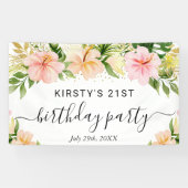 水彩熱帯ピンクの花の誕生日パーティー 横断幕 (横)
