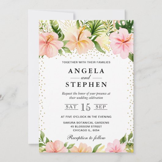 水彩熱帯ピンクの花結婚の色 招待状 (正面)