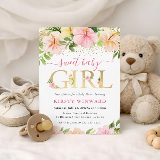 水彩熱帯ピンクの花赤ちゃんシャワー 招待状